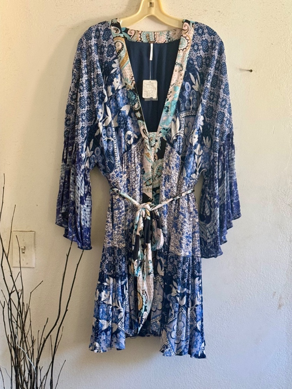 Free People Blue Bohemian Style Dress with Silk Floral Waist Tie